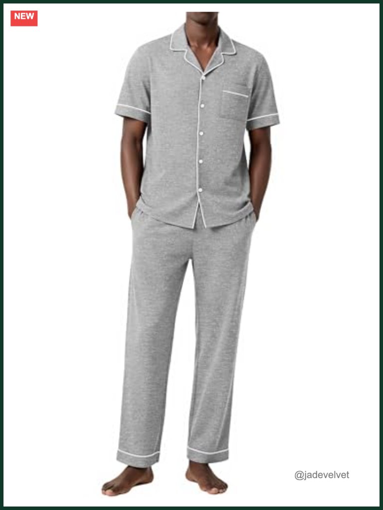 Men's Cotton Pajama Set Short Sleeve Button Down Top Long Pants Loungewear